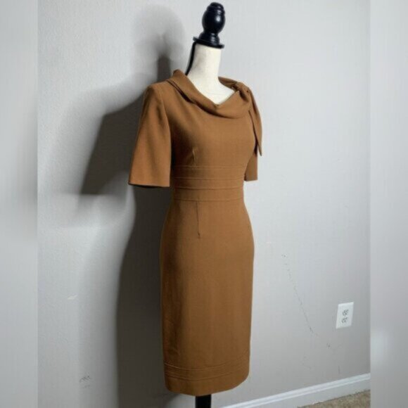 Suite 7 Elegant Camel Cowl Neckline with Shoulder Bow Sheath Dress - Picture 2 of 13
